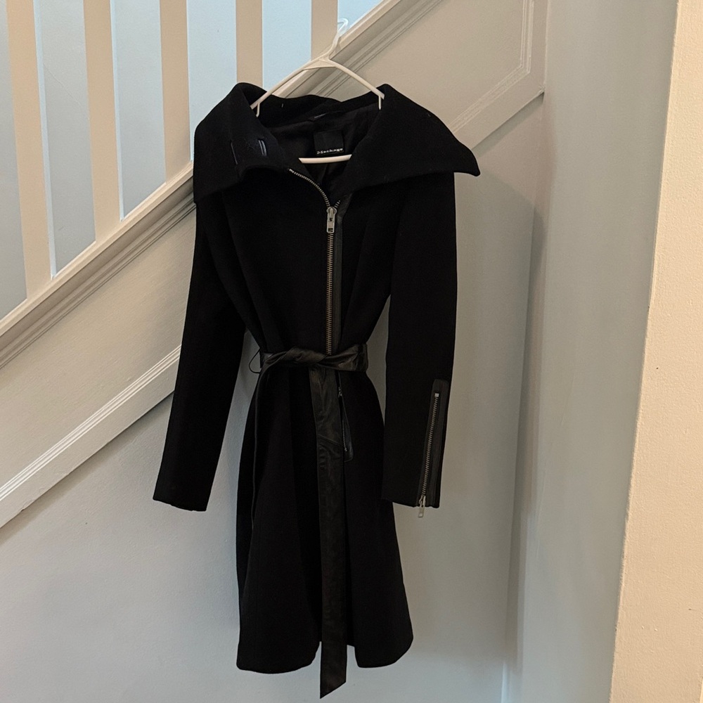 Women's Black Belted Long Coat with Zip Front